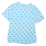 CHAMPION Mens Blue All Over Logo Print T-Shirt M Short Sleeve Crew Neck Cotton