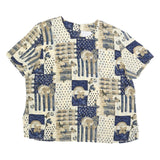 KATHY CHE Womens Cream & Blue Printed Top Short Sleeve Round Neck XL Relaxed Fit