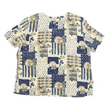 KATHY CHE Womens Cream & Blue Printed Top Short Sleeve Round Neck XL Relaxed Fit