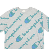 CHAMPION Mens Grey Blue All Over Script Logo Graphic T-Shirt XL Short Sleeve