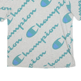 CHAMPION Mens Grey Blue All Over Script Logo Graphic T-Shirt XL Short Sleeve