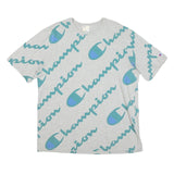 CHAMPION Mens Grey Blue All Over Script Logo Graphic T-Shirt XL Short Sleeve