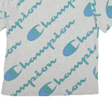 CHAMPION Mens Grey Blue All Over Script Logo Graphic T-Shirt XL Short Sleeve
