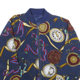 Womens Navy Blue Printed Bomber Jacket L Woven Zip Closure Retro Style