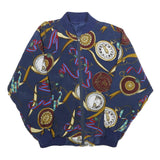 Womens Navy Blue Printed Bomber Jacket L Woven Zip Closure Retro Style