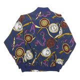 Womens Navy Blue Printed Bomber Jacket L Woven Zip Closure Retro Style
