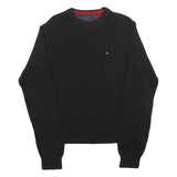 TOMMY HILFIGER Mens Black Plain Pullover Crew Neck Basic Knit S Cotton Jumper