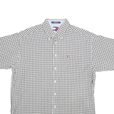 TOMMY HILFIGER Mens Grey & White Check Shirt L Button Down Collar Short Sleeve