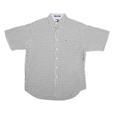 TOMMY HILFIGER Mens Grey & White Check Shirt L Button Down Collar Short Sleeve