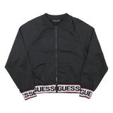 GUESS Womens Black Jacket M Polyester Blend Zip Plain Logo Banded Sleeve