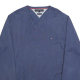 TOMMY HILFIGER Mens Blue Plain V-Neck Basic Knit Jumper L Cotton Classic Style