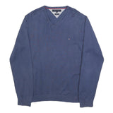 TOMMY HILFIGER Mens Blue Plain V-Neck Basic Knit Jumper L Cotton Classic Style