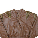 Womens Brown Leather Leopard Print Panel Zip Bomber Jacket S Soft Comfortable