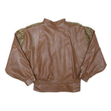 Womens Brown Leather Leopard Print Panel Zip Bomber Jacket S Soft Comfortable