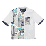 LIMA Womens White & Navy Printed Short Sleeve Collared Shirt L Silk Feel