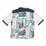 LIMA Womens White & Navy Printed Short Sleeve Collared Shirt L Silk Feel