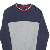 TOMMY HILFIGER Mens Navy & Grey Plain Crew Neck Basic Knit Jumper M Cotton Blend