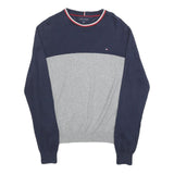 TOMMY HILFIGER Mens Navy & Grey Plain Crew Neck Basic Knit Jumper M Cotton Blend