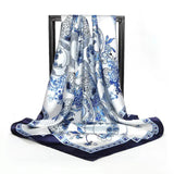 Anyyou Fashion Premium Satin Square Scarf – Blue White Vase Silk-Feel Neckwrap for Women