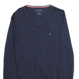 TOMMY HILFIGER Mens Navy Blue Plain Cotton V-Neck Basic Knit Jumper L