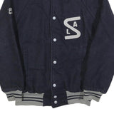 Mens Navy Blue Varsity Style Jacket S Wool Button Front Striped Ribbed Trim