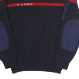 Mens Navy Blue & Red Plain Crew Neck Cotton Jumper L Military Style Patch