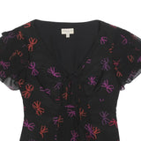KAREN MILLEN Womens Black Red & Purple Printed Top Short Sleeve V-Neck UK 8 Silk