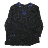 Womens Black & Blue Embroidered Long Sleeve Round Neck Top L Evening Occasion