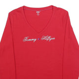 TOMMY HILFIGER Womens Red Long Sleeve V-Neck Cotton T-Shirt M Embroidered Logo