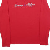 TOMMY HILFIGER Womens Red Long Sleeve V-Neck Cotton T-Shirt M Embroidered Logo