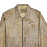 PEPE JEANS Mens Beige Leather Bomber Jacket L Plain Zip Pocket Stylish