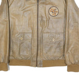 PEPE JEANS Mens Beige Leather Bomber Jacket L Plain Zip Pocket Stylish