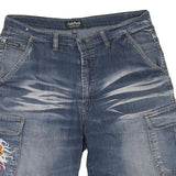 ANDY PAUL Mens Blue Denim Cargo Shorts L W36 Embroidered Lion Patch