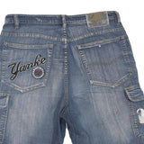 ANDY PAUL Mens Blue Denim Cargo Shorts L W36 Embroidered Lion Patch