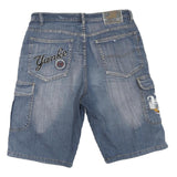 ANDY PAUL Mens Blue Denim Cargo Shorts L W36 Embroidered Lion Patch