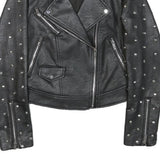 ZARA BASIC Womens Black Leather Studded Biker Jacket XS Embroidered Skull Patch