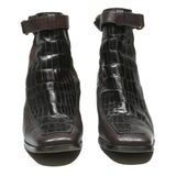 NOUCHKA Womens Ankle Boots Brown Leather UK 4.5 Croc Effect Strap Heel Stylish