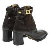 NOUCHKA Womens Ankle Boots Brown Leather UK 4.5 Croc Effect Strap Heel Stylish