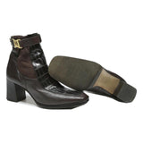 NOUCHKA Womens Ankle Boots Brown Leather UK 4.5 Croc Effect Strap Heel Stylish