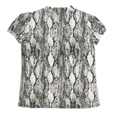 MORGAN Y2K Womens Black Beige Print Top Short Sleeve V-Neck M Stylish Polyester