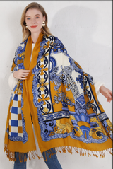 Anyyou 100% Merino Wool Mustartd Yellow Patterns Silk Satin Large Winter Scarf Pashmina Shawl Bandana Perfect For Women Ladies Fashion Style