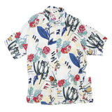 Womens White Floral Print Shirt Short Sleeve Collared L Relaxed Fit Casual