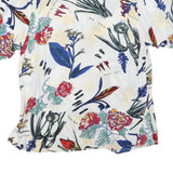 Womens White Floral Print Shirt Short Sleeve Collared L Relaxed Fit Casual