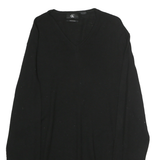 CALVIN KLEIN Mens Black Plain Pullover V-Neck Basic Knit L Cotton Jumper
