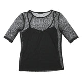 MINT BERRY Womens Black Sheer Mesh Polka Dot Cropped Top Short Sleeve Round Neck