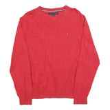 TOMMY HILFIGER Mens Red Plain Pullover V-Neck Basic Knit L Cotton Jumper