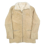 Womens Beige Leather Faux Fur Collar Full Zip Jacket M Suede Winter Outerwear
