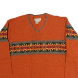 EDDIE BAUER Womens Orange Patterned Jumper V-Neck Basic Knit L Casual Cotton