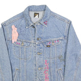 LEE Womens Blue Denim Jacket M Cotton Button Flamingo Embroidered Sequins