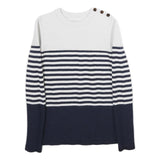 JIGSAW Womens White & Navy Striped Plain Wool Crew Neck Basic Knit S Button